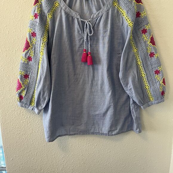 Talbots Top Blouse Womens Petite Med Embroidered Sleeves Blue Peasant Boho - Picture 7 of 11